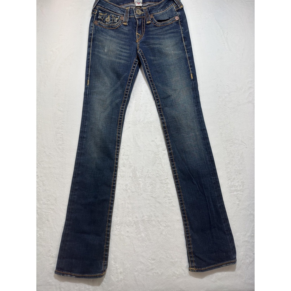 True Religion Jeans Womens 27 Blue Wash Low Rise Slim Straight Made USA 29x33